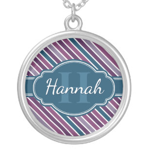 Purple White Teal Bold Stripe Pattern Monogram Silver Plated Necklace