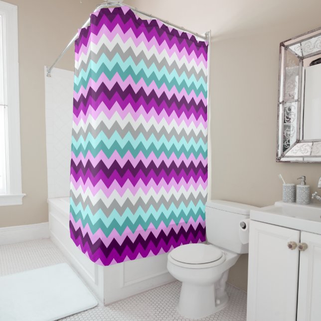 Purple White Teal Chevrons Shower Curtain (In Situ)