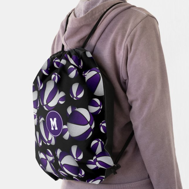 purple white team colors basketballs pattern drawstring bag (Insitu)