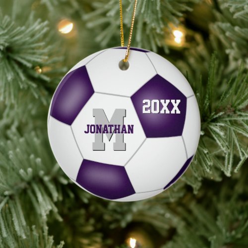 purple white team colors boys girls soccer ceramic ornament