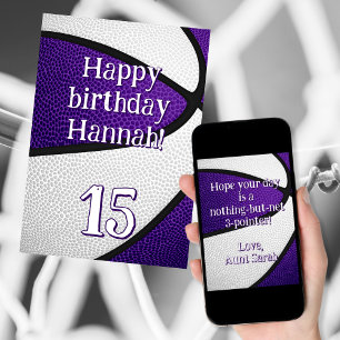 Purple white team colors girls basketball birthday card