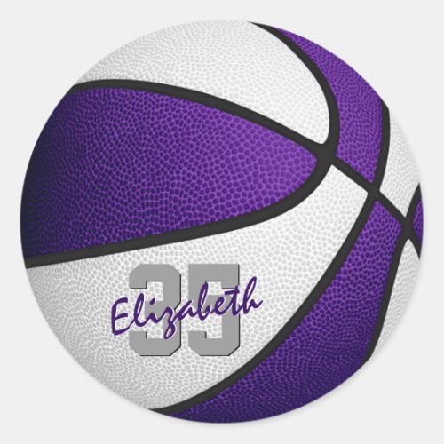purple white team colors girls boys basketball classic round sticker