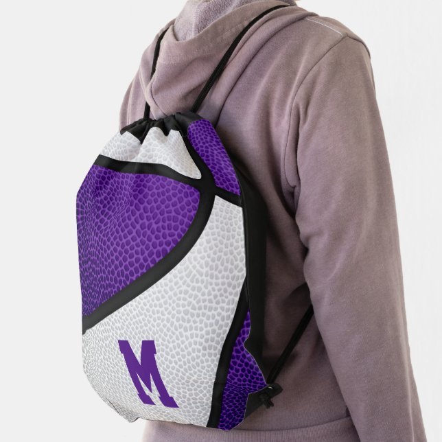 purple white team colors girls boys basketball drawstring bag (Insitu)
