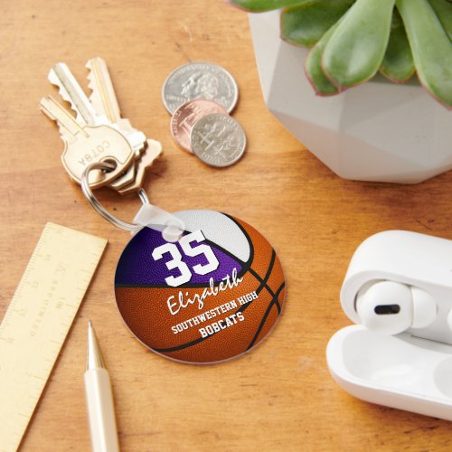 Purple white team colors girls boys basketball keychain