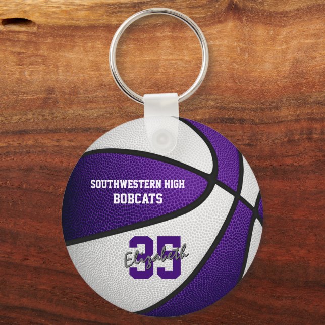 purple white team colors girls boys basketball keychain (Front)