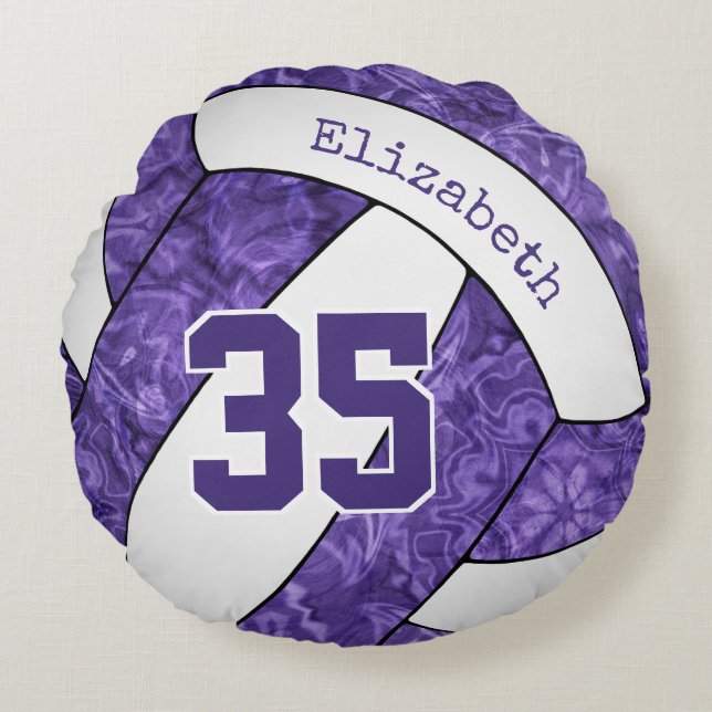 purple white team colors girls volleyball room round pillow (Front)