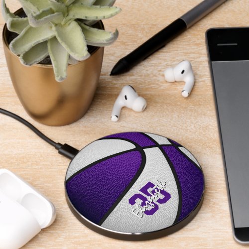 purple white team colors kids sports basketball wireless charger 