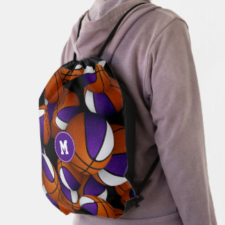 Purple white team colors monogrammed basketball drawstring bag