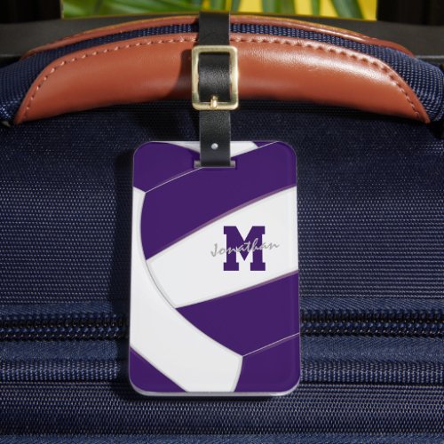 purple white team colors monogrammed volleyball luggage tag