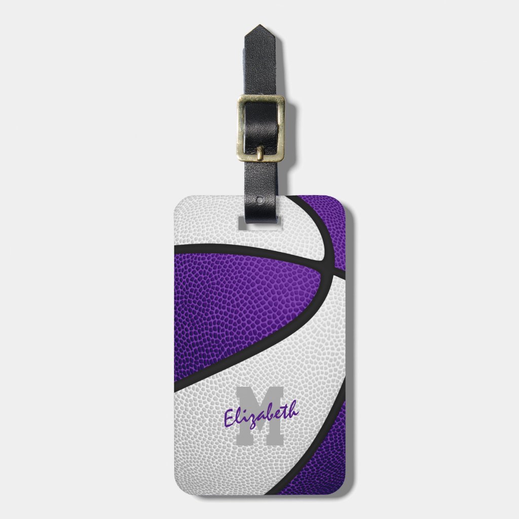 purple white team colors personalized basketball luggage tag