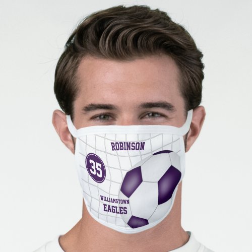 purple white team colors player name number soccer face mask