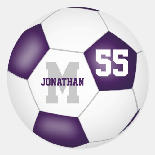 purple white team colors soccer ball personalized classic round sticker