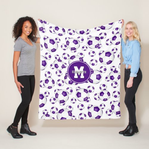 purple white team colors soccer balls pattern fleece blanket