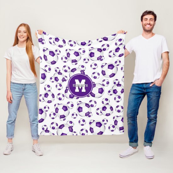 purple white team colors soccer balls pattern fleece blanket