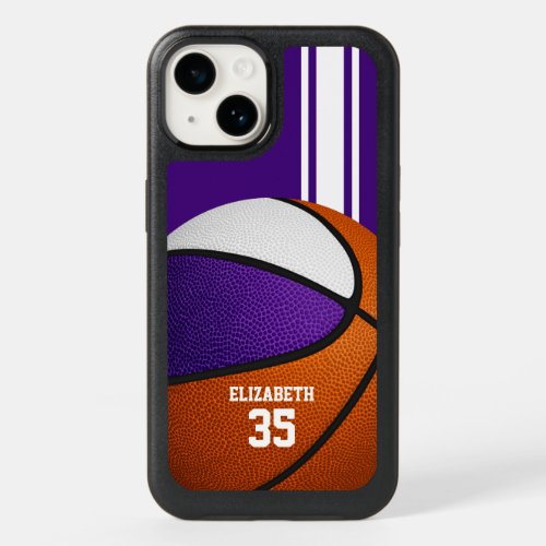Purple white team colors varsity girls basketball OtterBox iPhone 14 case