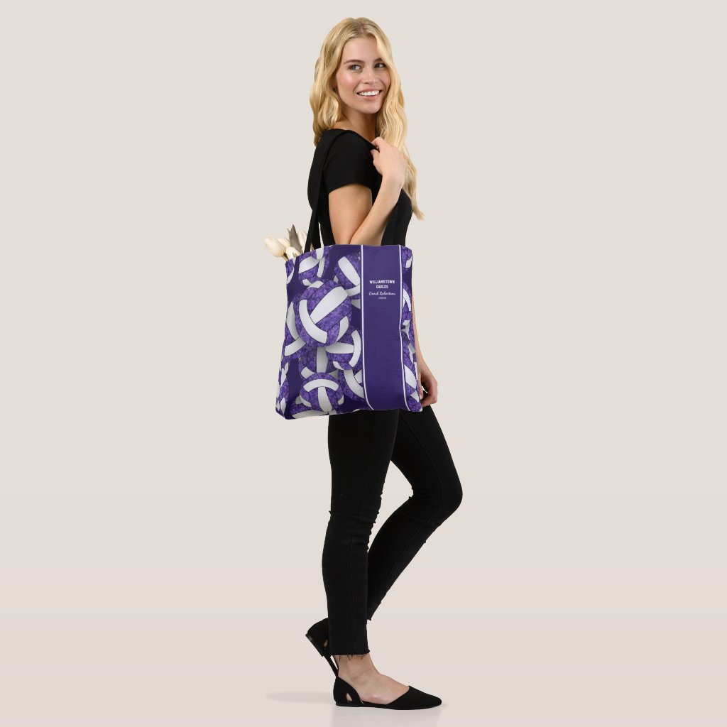 purple white team colors volleyball coach name tote bag