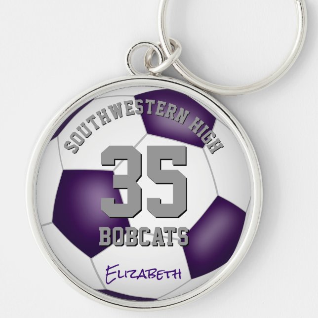 purple white team player name girls boys soccer keychain (Front)