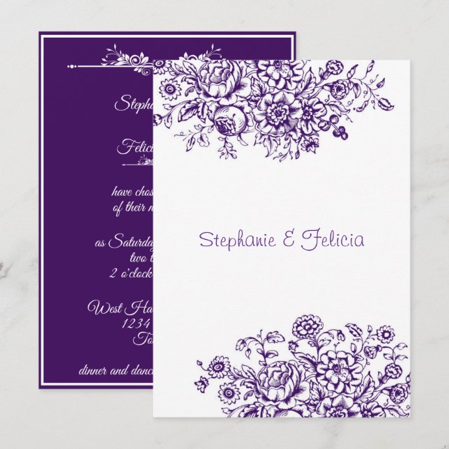 Purple & White Toile Floral Wedding Invitation (Front/Back)