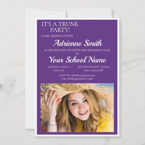 Purple White Trunk College Party Photo Invitation