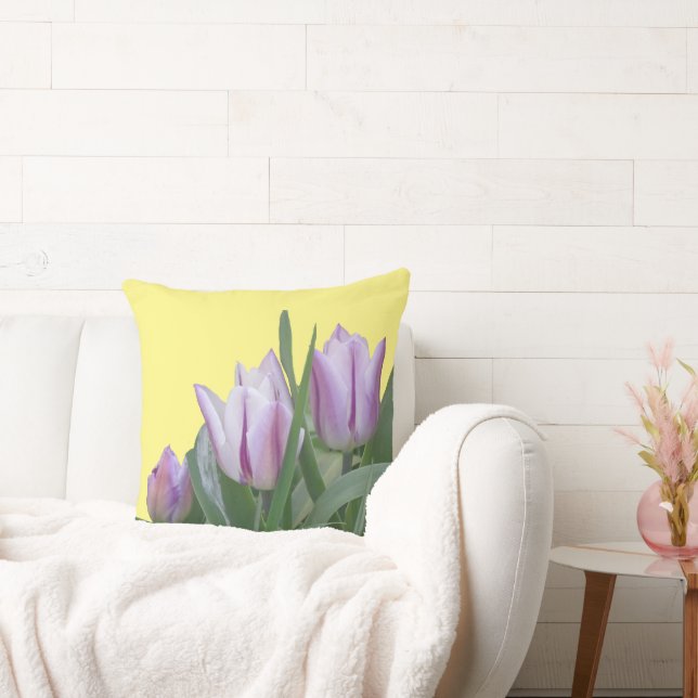 Purple White Tulips Cust. BG Color Throw Pillow (Couch)