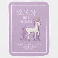 Purple White Unicorn Baby Name Birthdate Weight Baby Blanket