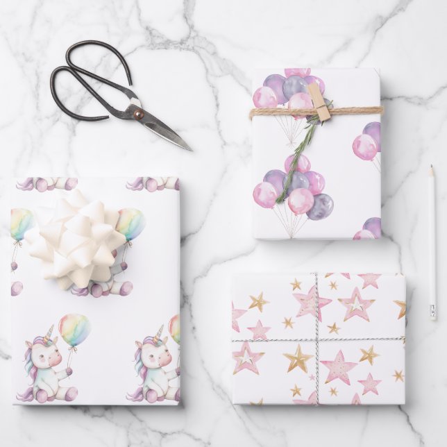 Purple White Unicorn Balloon Birthday Wrapping Paper Sheets (Front)