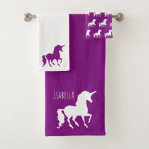 Purple White Unicorn Silhouette Personalized Kid Bath Towel Set