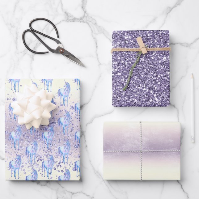 Purple White Unicorn Sparkle Glitter Dream      Wrapping Paper Sheets (Front)