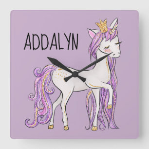 Purple White Unicorn Tiara Square Wall Clock