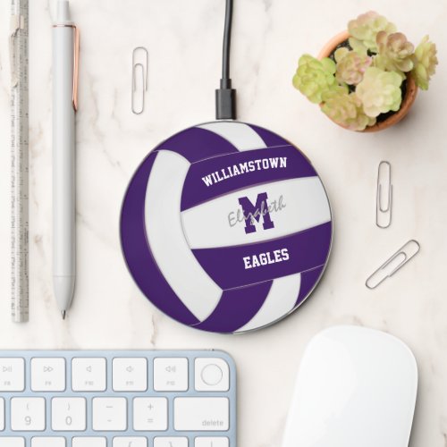 purple white volleyball athlete name monogram wireless charger 