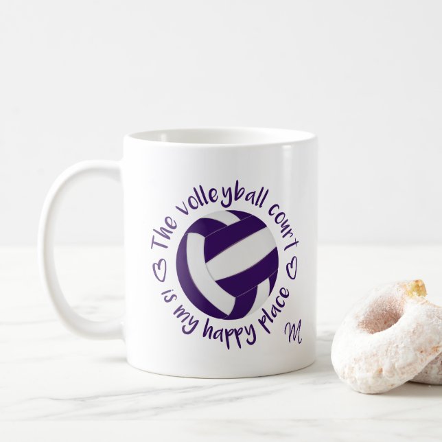 purple white volleyball court is my happy place coffee mug (With Donut)