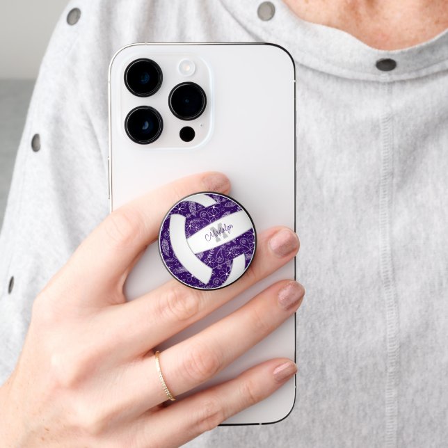 Purple white volleyball w boho feathers paislies PopSocket (Hand)