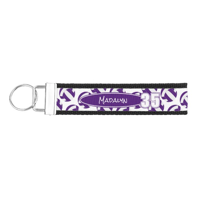 purple white volleyballs athlete name wrist keychain (Keys on Left)