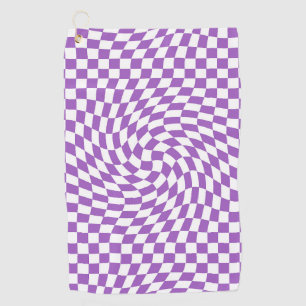 Purple & White Warped Checkered Checkerboard Golf Towel