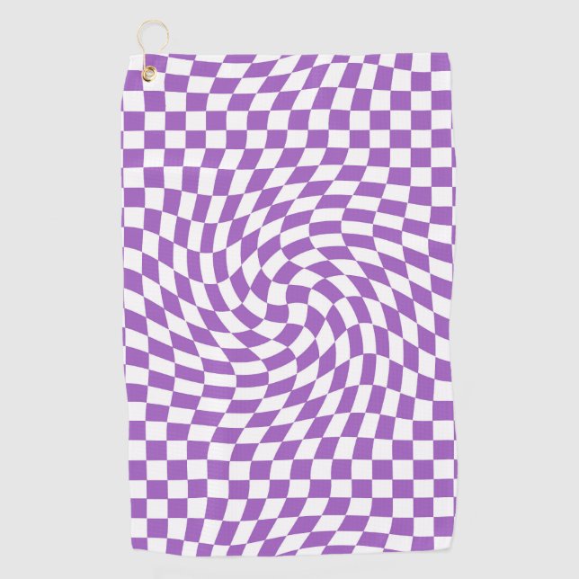 Purple & White Warped Checkered Checkerboard  Golf Towel (Front)