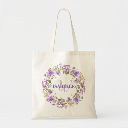 Purple White Watercolor Floral Monogram Name Tote Bag