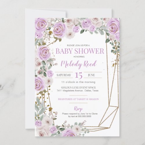 Purple  White Watercolor Flowers Girl Baby Shower Invitation