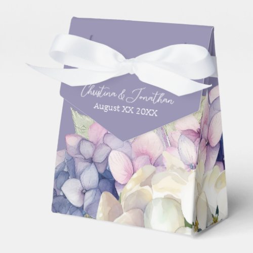 Purple  White Watercolor Hydrangeas on Lavender Favor Boxes