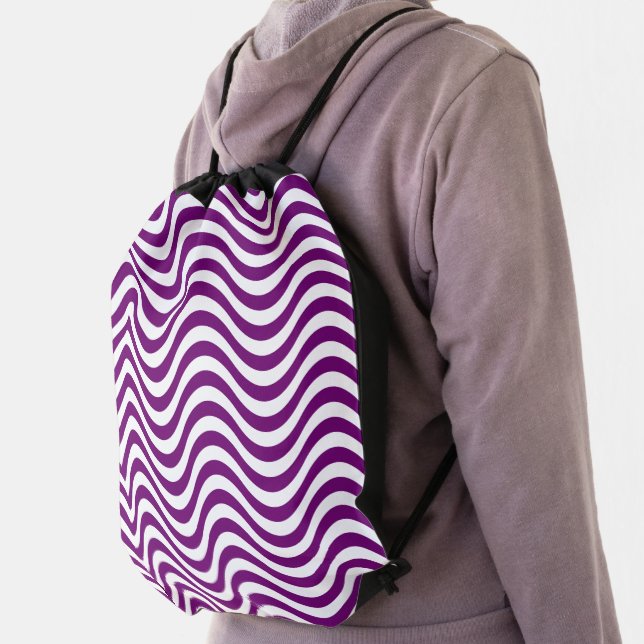 Purple & White Wavy Stripes Psychedelic Drawstring Bag (Insitu)