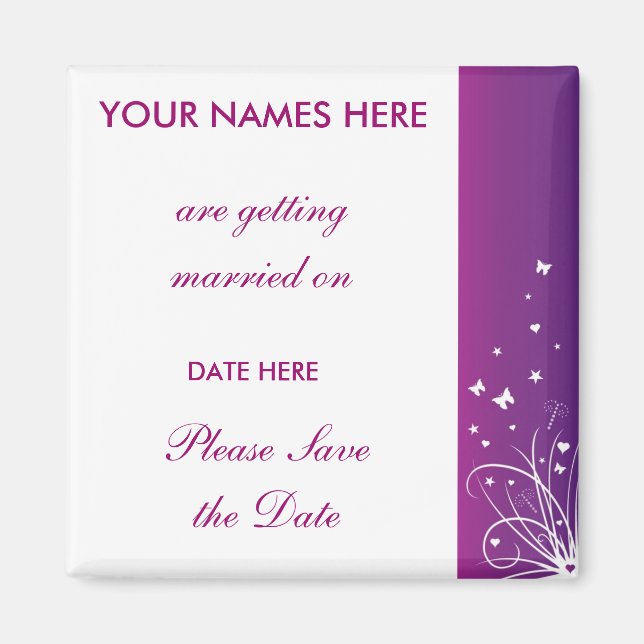 Purple & White Wedding Save The Date Magnet (Front)