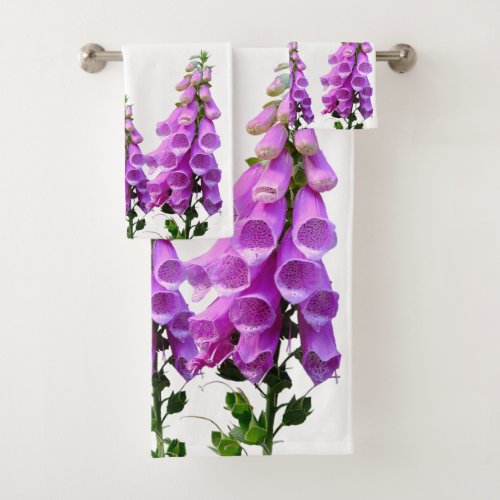 Purple white wildflowers floral pink purple script bath towel set