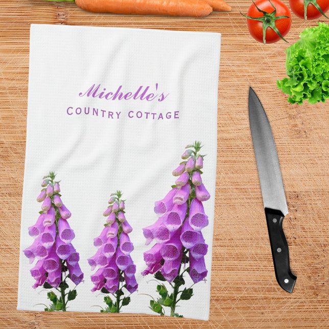 Purple white wildflowers floral pink purple script kitchen towel (Creator Uploaded)