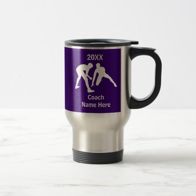 Purple, White Wrestling Coach Appreciation Gifts Travel Mug (Right)