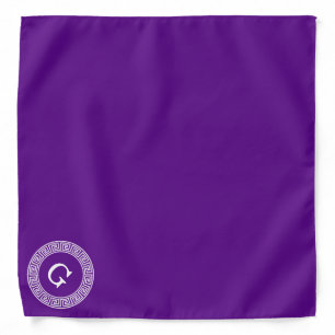 Purple Wht Greek Key Rnd Frame Initial Monogram Bandana