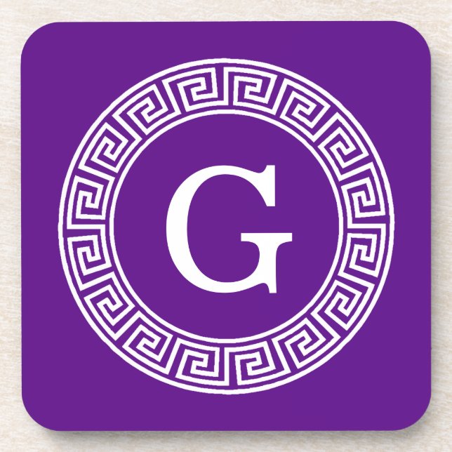 Purple Wht Greek Key Rnd Frame Initial Monogram Beverage Coaster (Front)