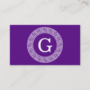Purple Wht Greek Key Rnd Frame Initial Monogram Business Card
