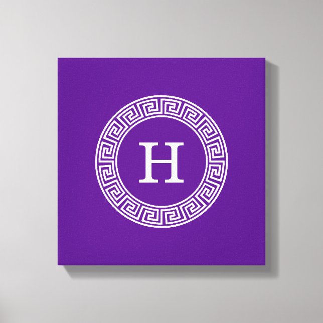 Purple Wht Greek Key Rnd Frame Initial Monogram Canvas Print (Front)