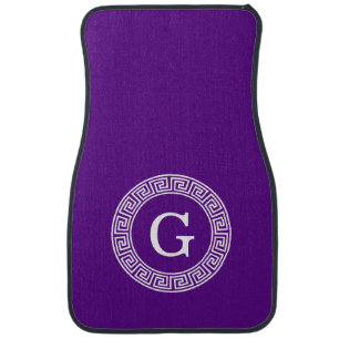 Purple Wht Greek Key Rnd Frame Initial Monogram Car Mat