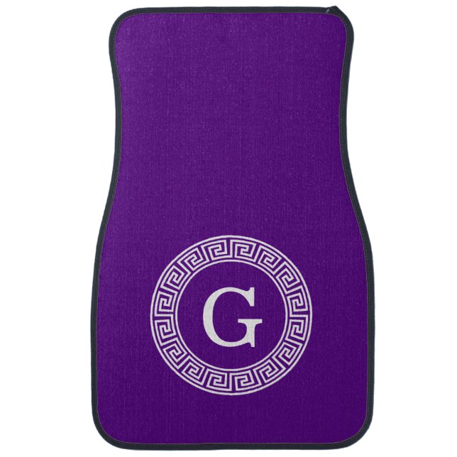 Purple Wht Greek Key Rnd Frame Initial Monogram Car Mat (Front)
