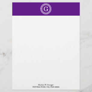 Purple Wht Greek Key Rnd Frame Initial Monogram Letterhead